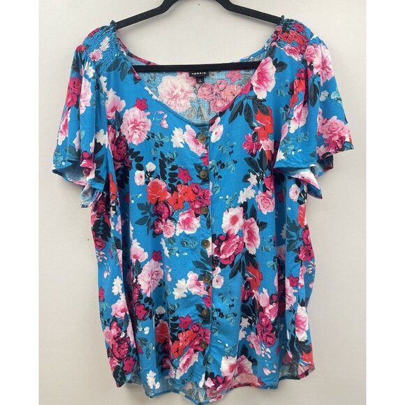 Torrid Women's Floral Rayon Slub Button-Front Flutter Sleeve Top 2 Plus Size - Picture 8 of 15